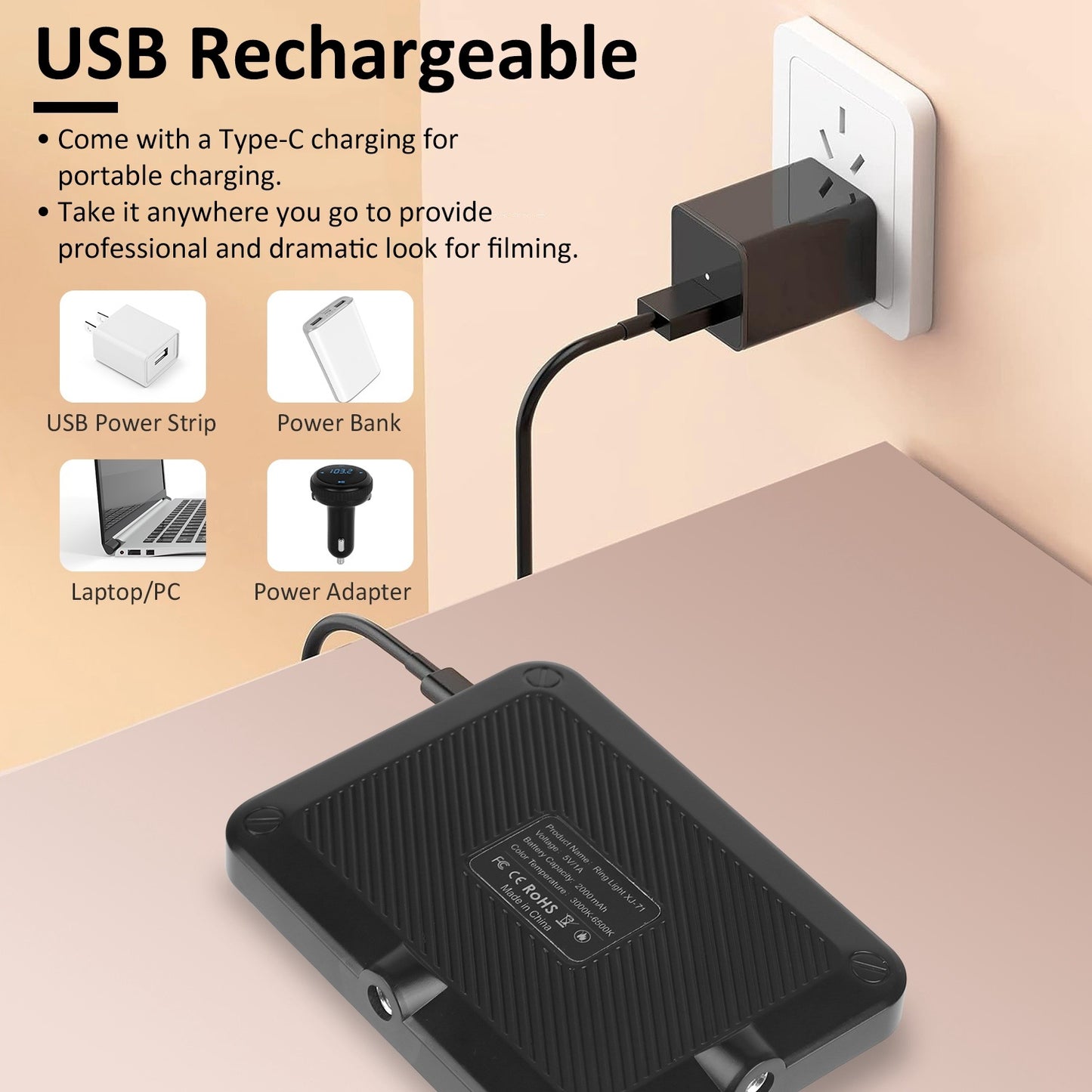 Rechargeable Selfie Light Fill Light 2000mAh Portable Clip On Light With 3 Light Modes 10 Brightness Levels For Phone Laptop Live Stream Make Up Photography