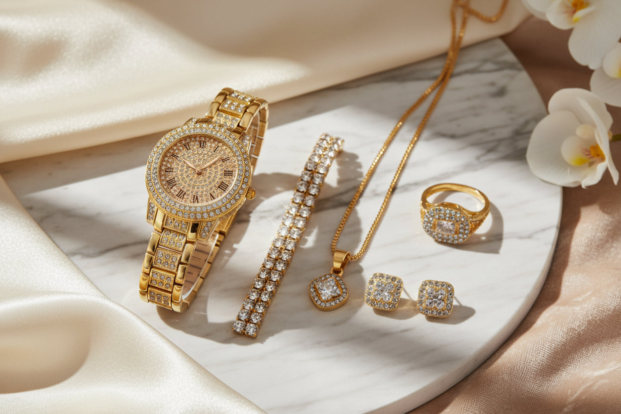 Gold jewelry set including watch, bracelet, necklace, ring, and earrings on a black background