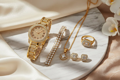 Gold jewelry set including watch, bracelet, necklace, ring, and earrings on a black background