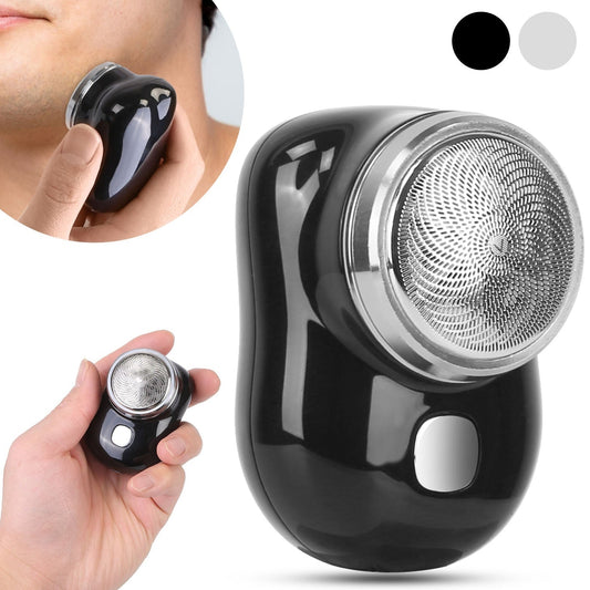 Black electric shaver with close-up of use on a white background
