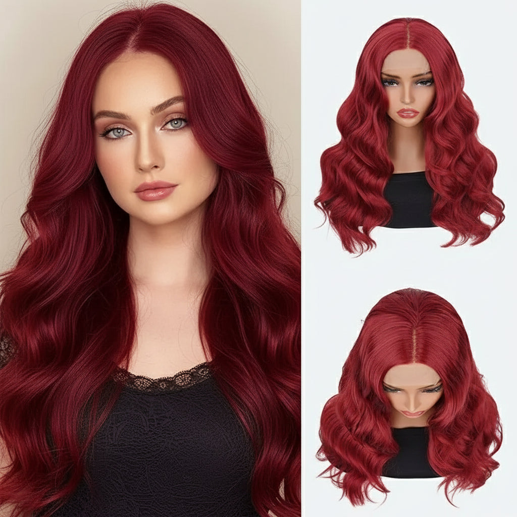 24-Inch Red Wavy Synthetic Wig for Women – 4x1 Lace Front, Natural Look, Heat-Resistant, Comfortable & Versatile for Daily Wear or Cosplay.