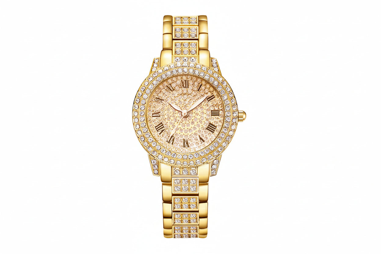Gold wristwatch with diamond accents on a white background