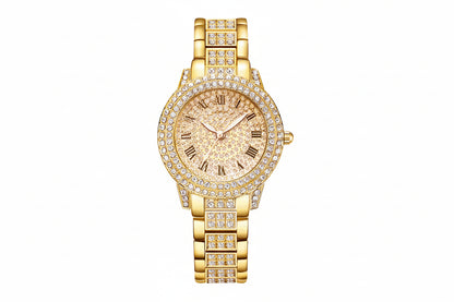 Gold wristwatch with diamond accents on a white background