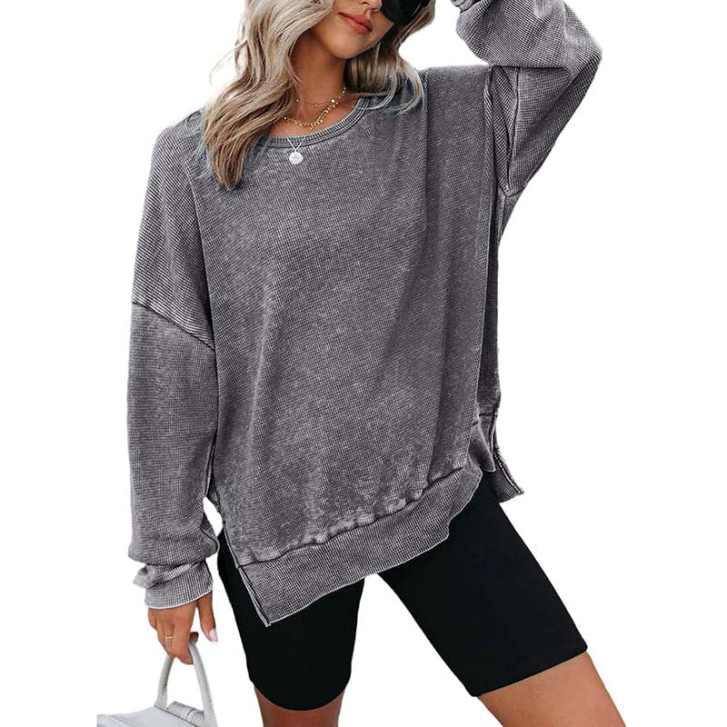 Womens Waffle Knit Crewneck Sweatshirts Long Sleeve Side Slits Casual Pullover Sweatshirt Tops