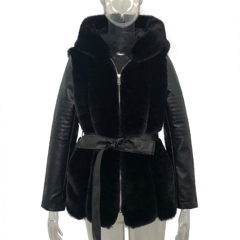 New Styled Fur Belt Belt Hooded Zipper Jacket Women's Clothing