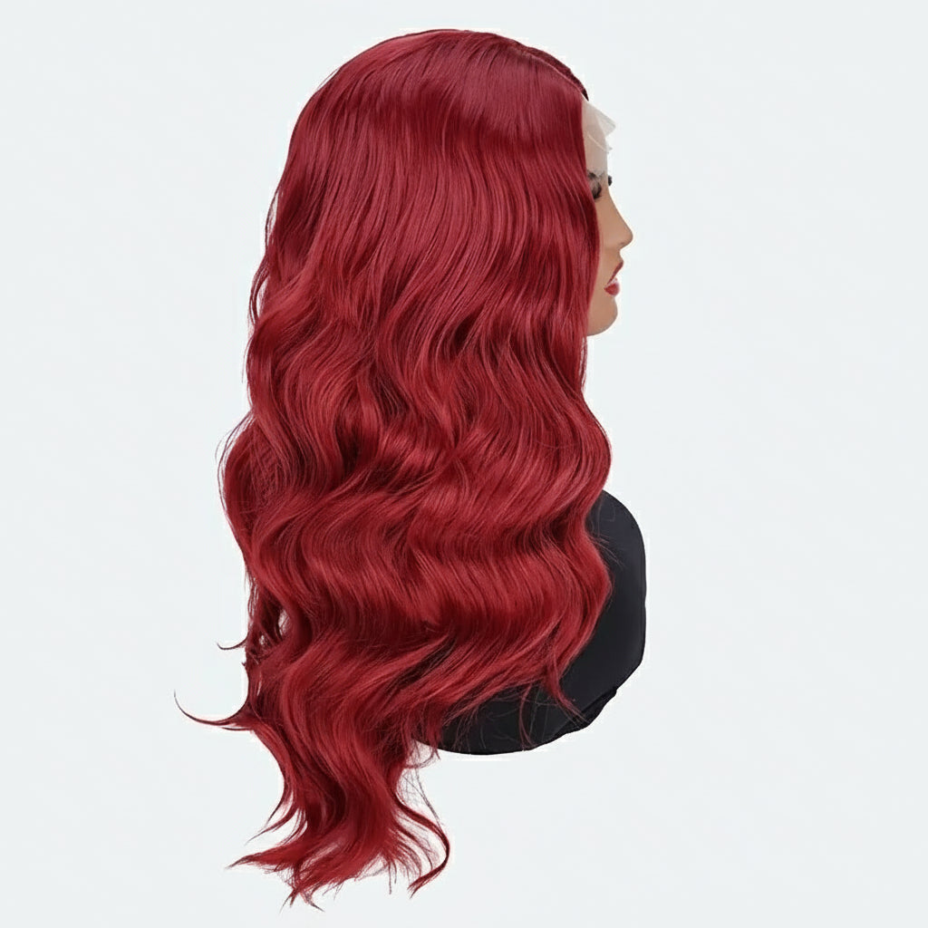 24-Inch Red Wavy Synthetic Wig for Women – 4x1 Lace Front, Natural Look, Heat-Resistant, Comfortable & Versatile for Daily Wear or Cosplay.