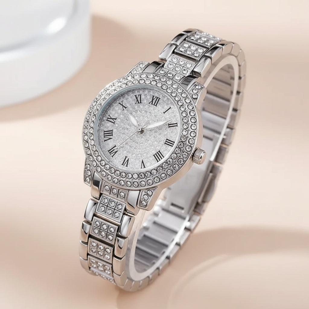 Silver watch with gemstones on a white background, product parameters displayed.
